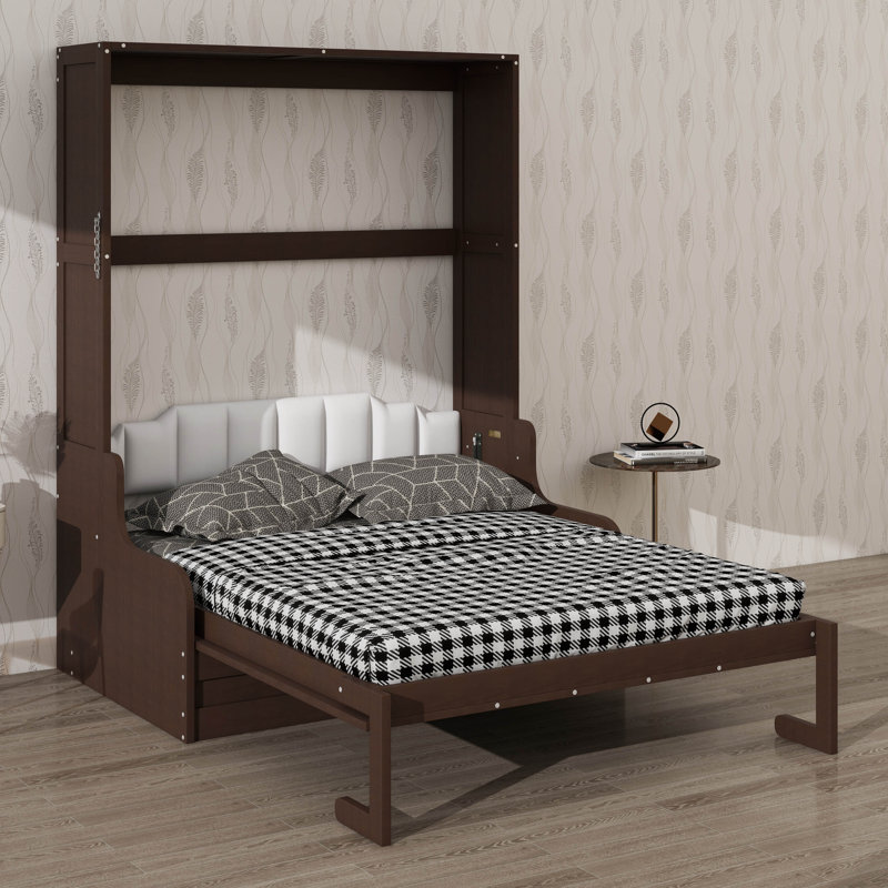 Grand lit escamotable mural avec coussin, cadre en bois convertible et canapé, Espresso