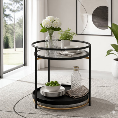 Round Bar Cart with Tempered Glass Shelves and Gold Accents