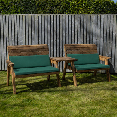 Hand Made 4 Seater Chunky Rustic Wooden Furniture with 2 Benches, Straight Tray & Green Cushions