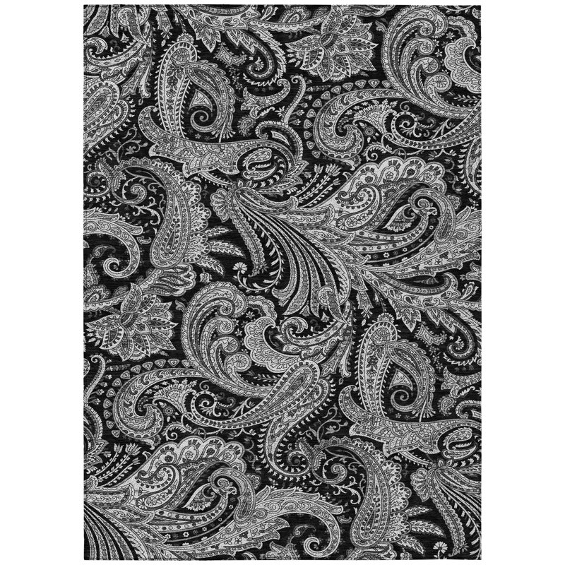 Tapis intérieur / extérieur 10 pi x 14 pi à motif cachemire noir et gris lavable