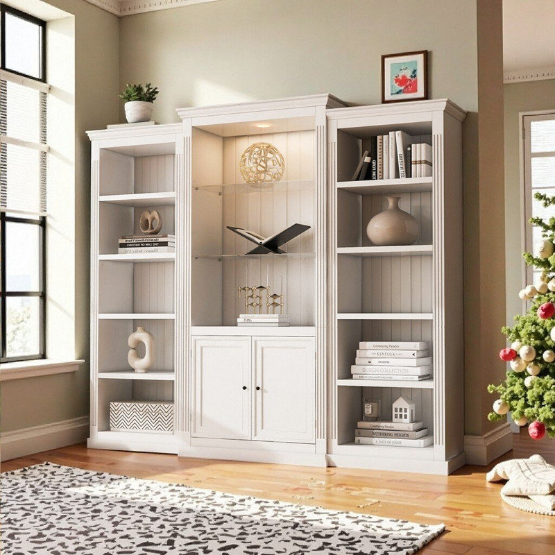 3-Piece Bookcase And Display Cabinet Set With Adjustable Led Ceiling Light And 6mm Tempered Glass Shelves, White
