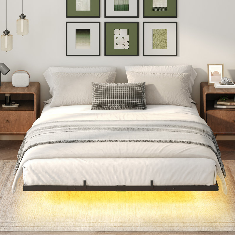 Floating Bed Frame with Charging Station and LED Lights, Full/Double