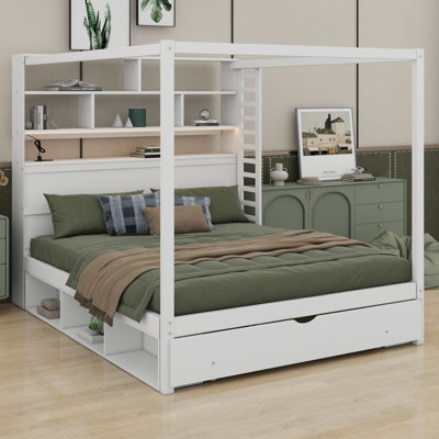 Structure de lit à baldaquin avec tête de lit bibliothèque, ports USB et lumières DEL pour ancrer une chambre à coucher moderne