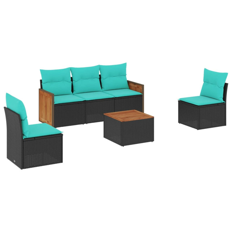  Ensemble de canapé de patio 6 pièces avec coussins en rotin de polyester noir