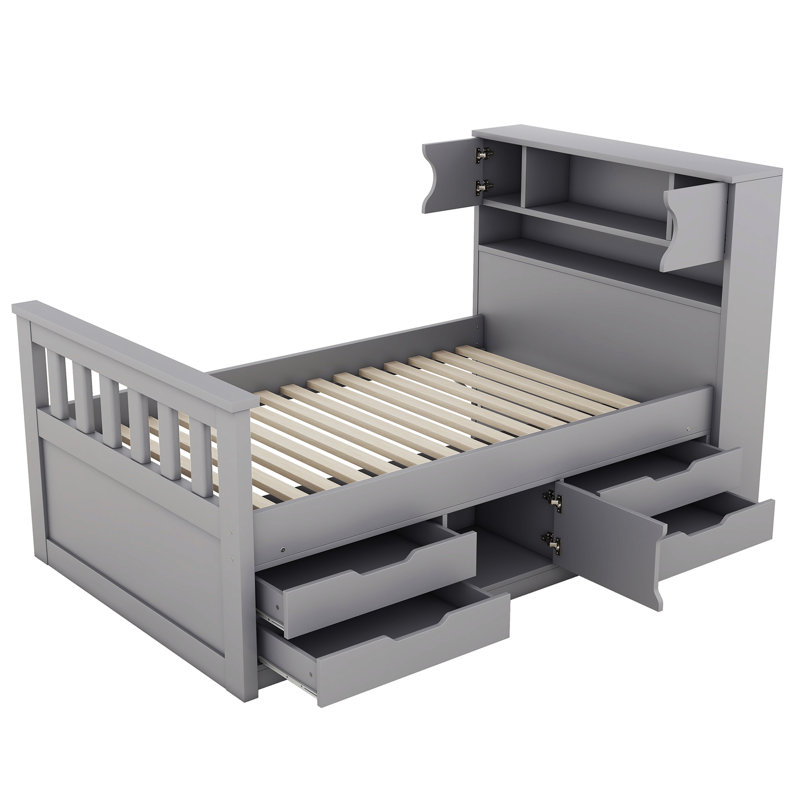 Structure de lit capitaine avec de nombreuses bibliothèques de rangement, des tablettes et quatre tiroirs pour une organisation efficace de la chambre à coucher