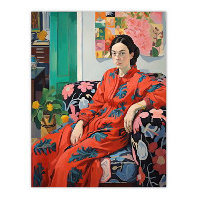 Wall Art Print Serious Pattern Clasher Woman Lounge Posing for Portrait Oil Painting Poster