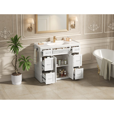 48" White Bathroom Vanity with Ceramic Sink – 6 Drawers (3 Each Side), Center Flip-Out Drawer, Soft-Close Double Doors, Reversible Side Towel Rack, Silver Handles, MDF