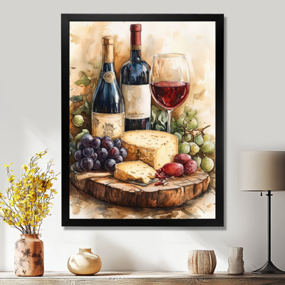 Dégustation de vin brun et de fromage - Nature morte de cuisine encadrée