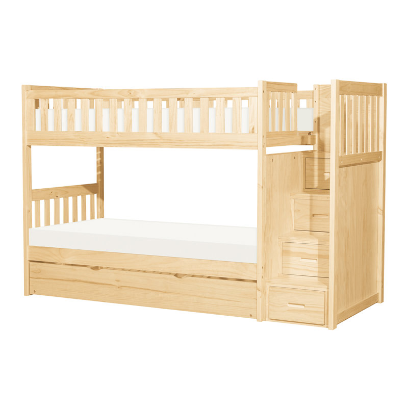 Modern Transitional Twin Over Bunk Bed With Pull - Out Trundle, Reversible Step Storage, Natural Pine Finish, Guard Rails, Bedroom Furniture For Teenagers Storage Drawers, Wooden In Style, 300Lbs Load