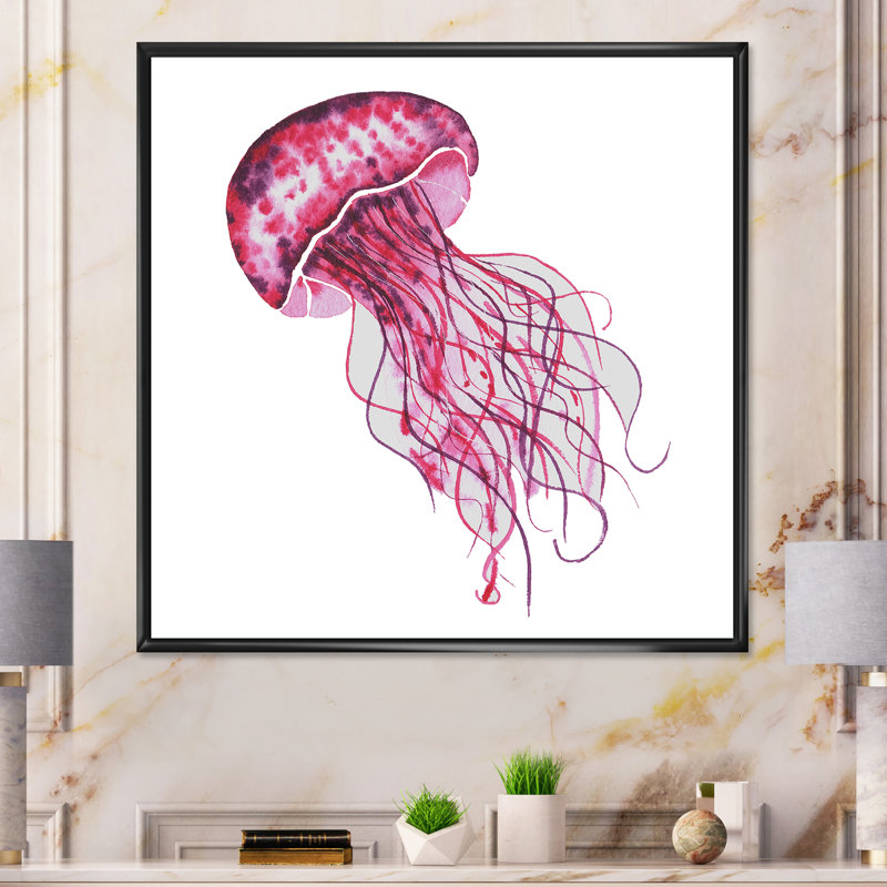 " Cute Pink Jellyfish " Painting Print, 30" H x 30" W x 1" D, Black Floater Framed Canvas