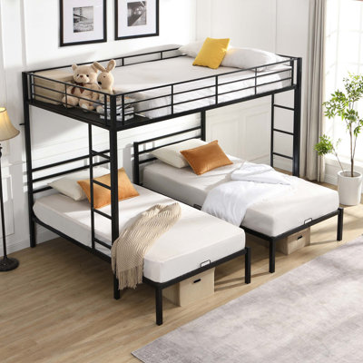 Full Over Twin Over Twin Bunk Bed ,Triple Bunk Bed With A Vertical Ladder, Metal Frame Bunk Bed With Safety Rail, Full Over Twin Over Twin Triple Bunk