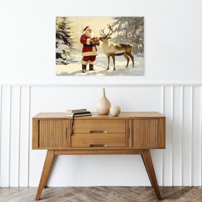 Jolly Santa And Reindeer Abstract Contemporary Deer Animal Forest Wall Art Print 1 Piece Wrapped Canvas Wall Art