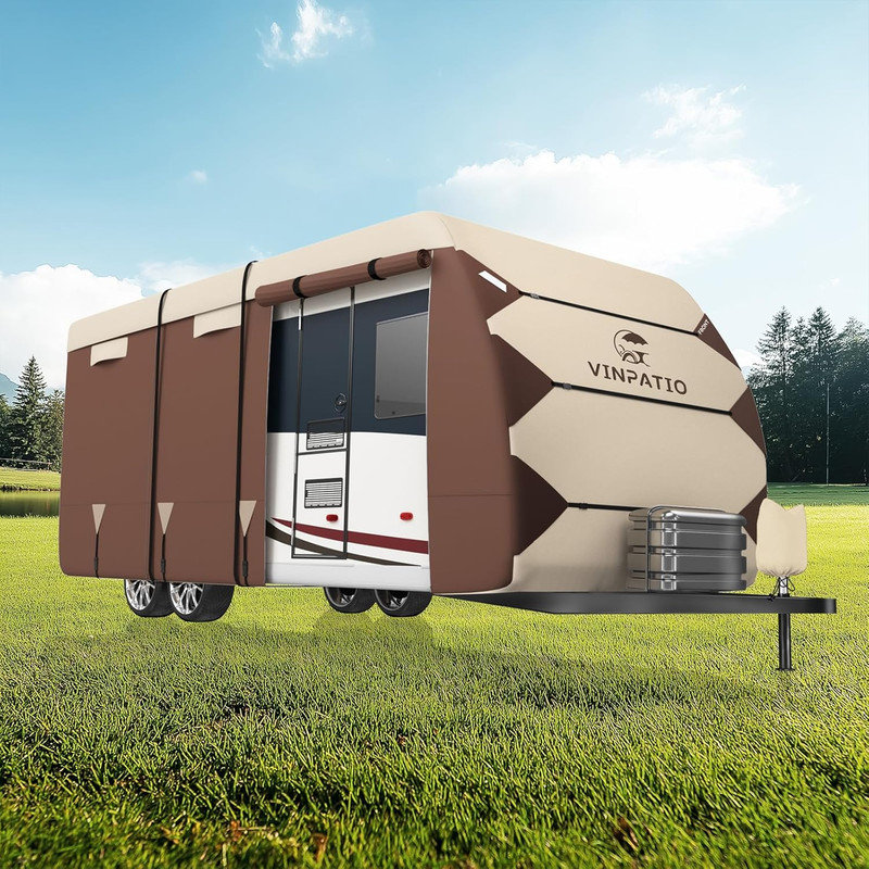 RV Cover, Oxford Fabric Travel Trailer Cover, for Toy Hauler with Tongue Jack Cover, Gutter Covers, 104" H x 102" W x 402" D