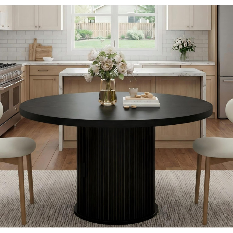 47" Round Dining Table for 4-6, Kitchen Table with 2-Layer Storage Shelf and a Drawer, Farmhouse Circle Dinner Table for Dining Room, Kitchen, Living Room, Black (Table Only)