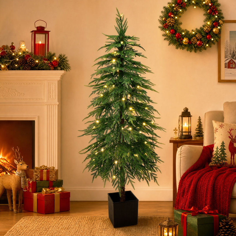 Sapin de Noël artificiel de style cèdre vert naturel, pré-illuminé, de 1,5 m (5 pi), en pot noir avec 8 modes d'éclairage