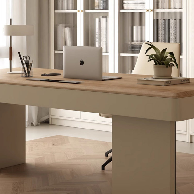 Bureau rectangulaire à 3 tiroirs Burlywood + beige + bois manufacturé noir + acier au carbone, 29.53" H x 62.99" W x 27.56" D