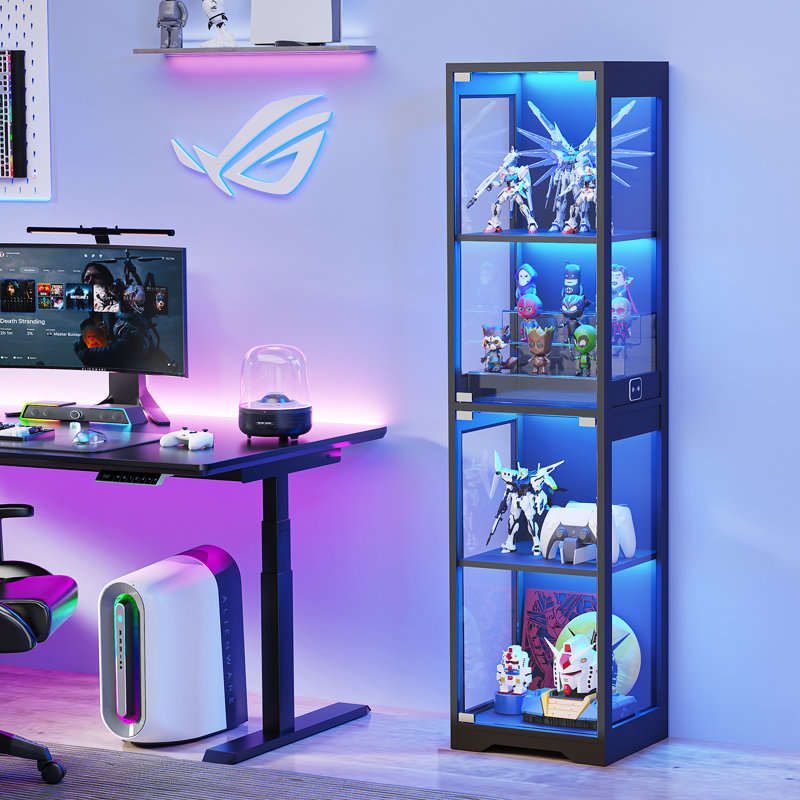 Glass Display Cabinet, 4-Tier Curio Cabinet with 3 Color Lights for Collectibles, Bookshelf with Door, Glass Display Case with Human Body Sensor, Black