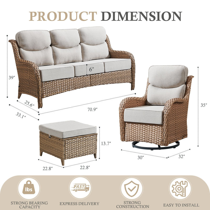 Ensemble de conversation pour canapé 7 personnes avec repose-pieds, Beige, Jaune