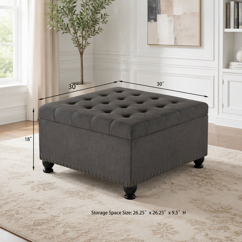 Pouf de rangement carré gris foncé, Mélange de lin gris foncé
