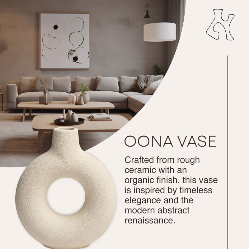 Villa Moda Oona Decorative Modern Ring Vase, 9.1" H x 2.6" W x 7.9" D, White