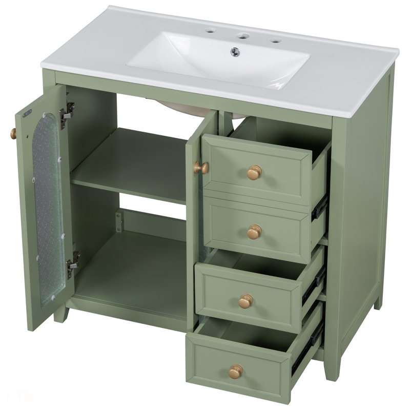 Meuble-lavabo de 36 pouces avec deux portes à fermeture douce, tablettes réglables et trois tiroirs, meuble-lavabo, Vert