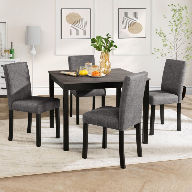 5-Piece Dining Table Set With 4 Chairs, Dining Table Set For 4 With Chairs, Wooden Dining Table Set For Kitchen, Dining Room, Light Grey & Black Two Tone