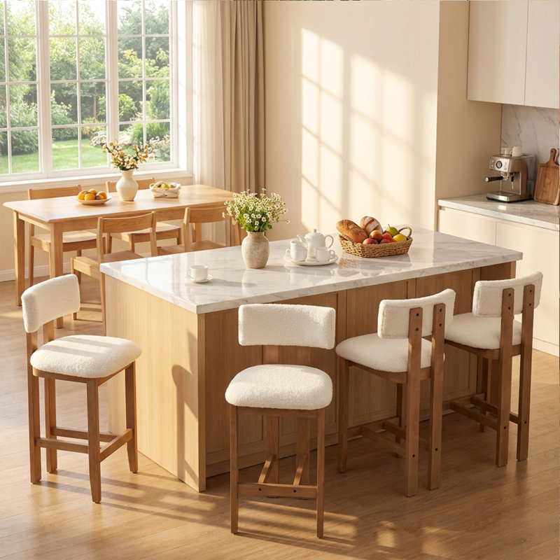 Tabouret rembourré avec structure en bois massif, Blanc