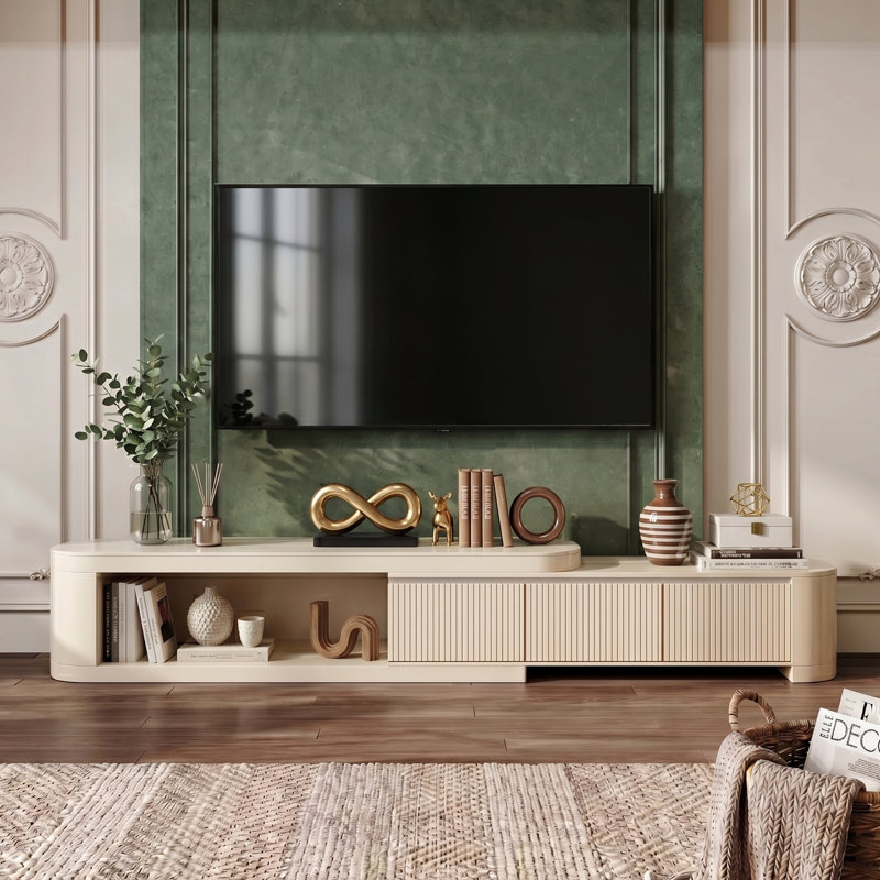 Meuble télé extensible 70,86 à 122 po Modern - Console média blanc crème avec plateau en pierre frittée, 3 tiroirs en bois massif, entièrement assemblé