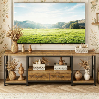 Meuble télé à DEL avec support et prise de courant et tiroirs en tissu pour téléviseurs de 32 à 85 pouces, meuble télé et meuble télé d'angle pour le salon, la chambre à coucher, brun rustique, VESA maximum 600 mm x 400 mm