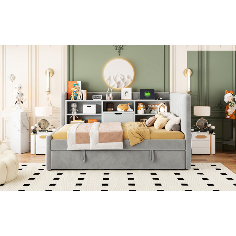 Lit de jour simple en tissu d'ameublement gris avec lit gigogne, rangement rabattable, ports multifonctionnels pour les chambres d'amis, espace de rangement peu encombrant et chambre à coucher, combine confort et confort