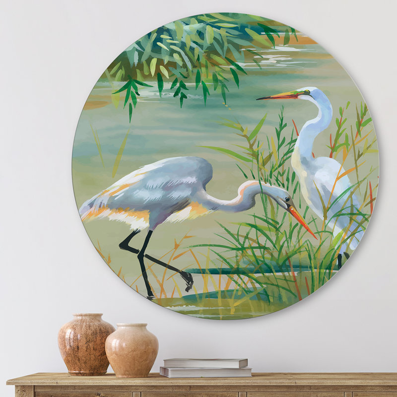 Heron oiseaux I - art mural traditionnel cercle en métal, H 11 po x l 11 po x p 1 po