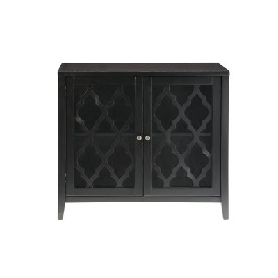 Console 34 po, design rétro simple avec 2 portes en verre et structure double à pieds hauts, noir