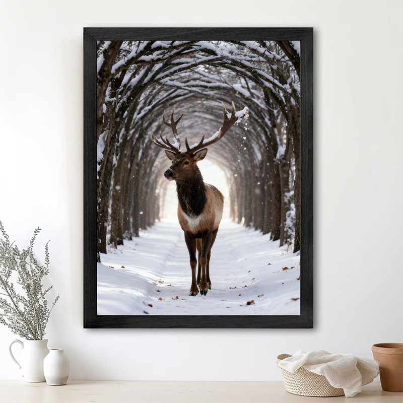 Art mural encadré noir cerf rétro par temps neigeux, H 11 po x l 9 po