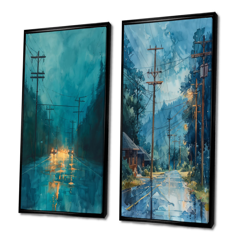 Bleu et jaune Energy Evolution Power Lines I - Ensemble de 2 pièces d'art mural Power Lines, H 40 po x l 40 po