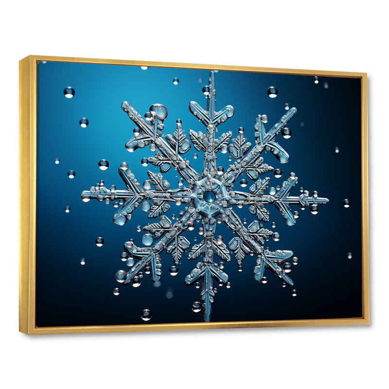 Décoration de flocon de neige bleu II - paysage d'hiver, Cadre flottant doré, H 30 po x l 40 po x P 1,5 po