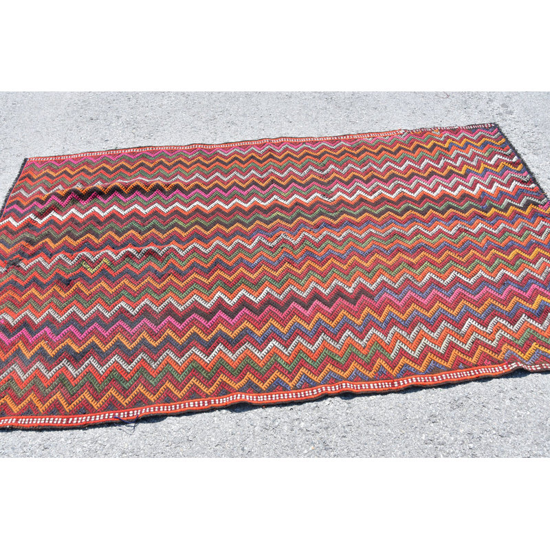 Tapis bohémien tissé à la main classique rétro avec motif zigzag bleu / rose