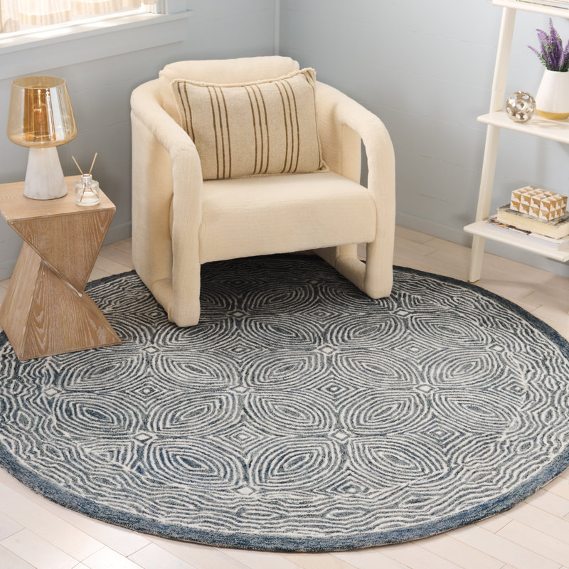 Laine touffetée à la main Micro-Loop 928; Tapis géométrique en coton bleu marine / ivoire, Rond 6 pi