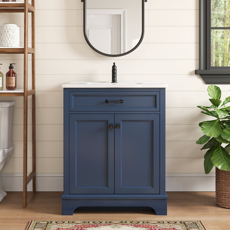 28" Single Bathroom Vanity With Ceramic Top And Double-Door Storage Cabinet, Blue
