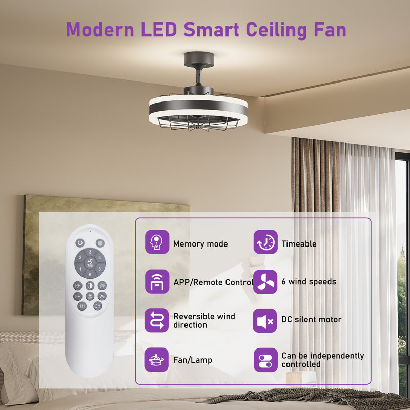 16" Dimmable LED Ceiling Fan with Remote, Low Profile Flush Mount for Bedroom, 6-Speed Reversible Motor, Black