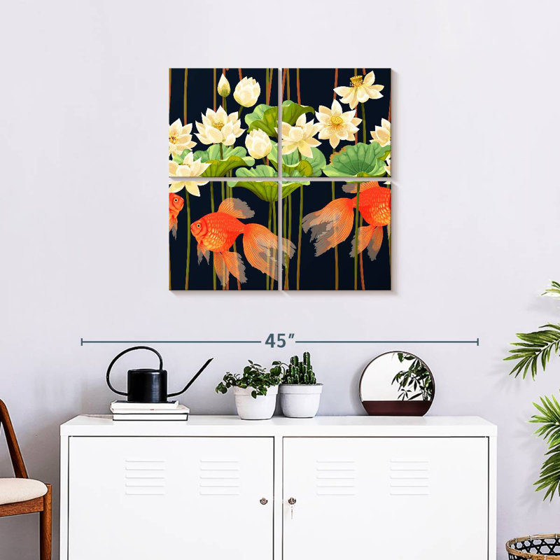 Poisson rouge et fleurs de lotus, H 26 po x l 26 po