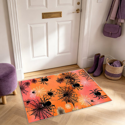 Tapis orange en toile d'araignée pour le salon, doux et confortable, convient à toutes les saisons, facile à entretenir, tapis de sol intérieur lavable à la machine, sous la table de ferme convenant à la chambre à coucher, à la salle à manger, au
