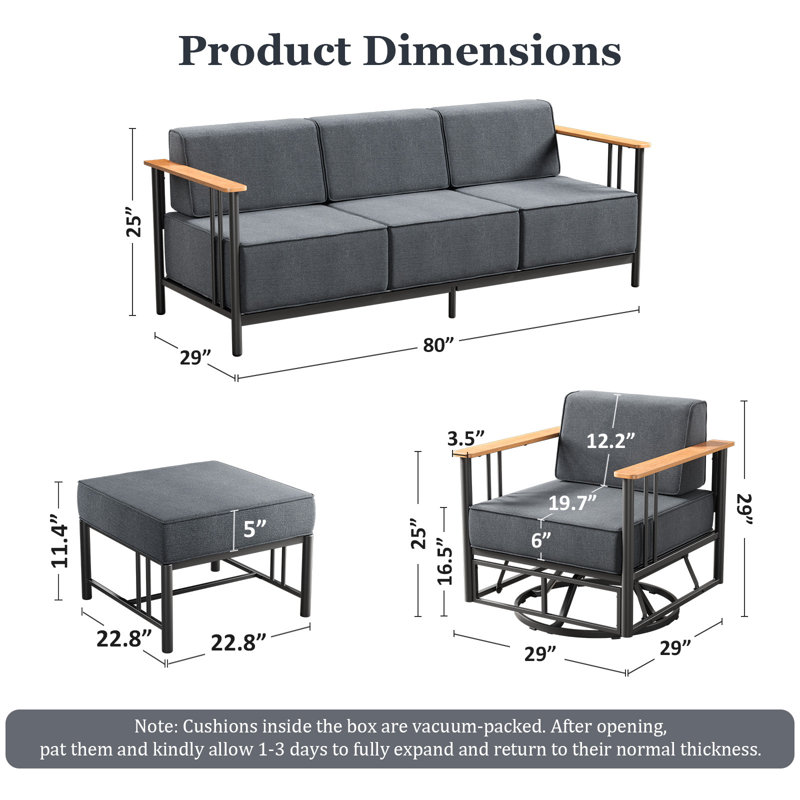 Timberloft 5-Person Outdoor Patio Conversation Set With Sofa Ottoman Swivel Glider Chairs And 10" Thick Cushions, Gray, Black