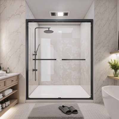 44 po à 48 po X P 72 po H Double porte de douche coulissante encadrée en noir mat avec verre trempé transparent