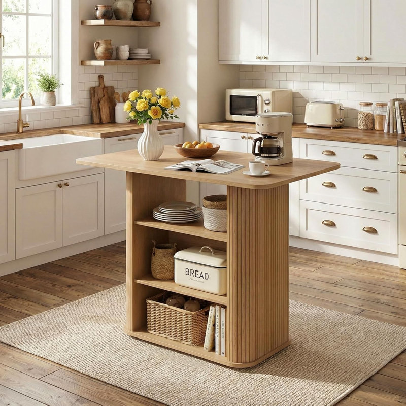 43" Farmhouse Counter Height Kitchen Island Table with 3-Tier Storage, Yellow Oak