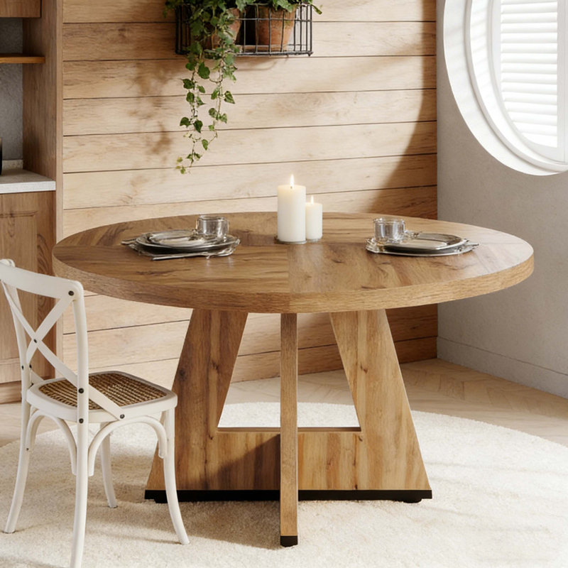 Wooden Round Dining Table Farmhouse Kitchen Dinner Table for 4, Light Brown