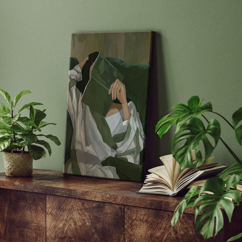 Emerald Green Reading Woman Canvas Wall Art Abstract Cozy People Wall Decor Pictures Minimalist Green Feminine Aesthetic Poster Print For Bedroom Living Room Decoration