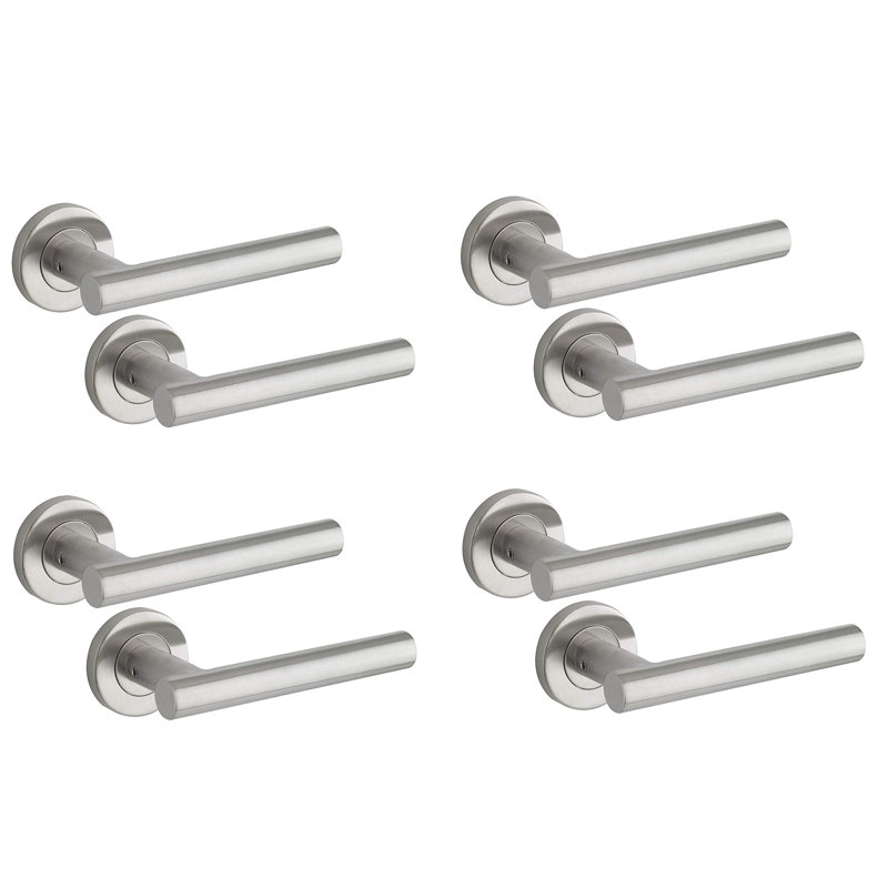 4 Pairs Straight T-Bar Door Handles in Brushed Steel Finish with Spindle and Fixings