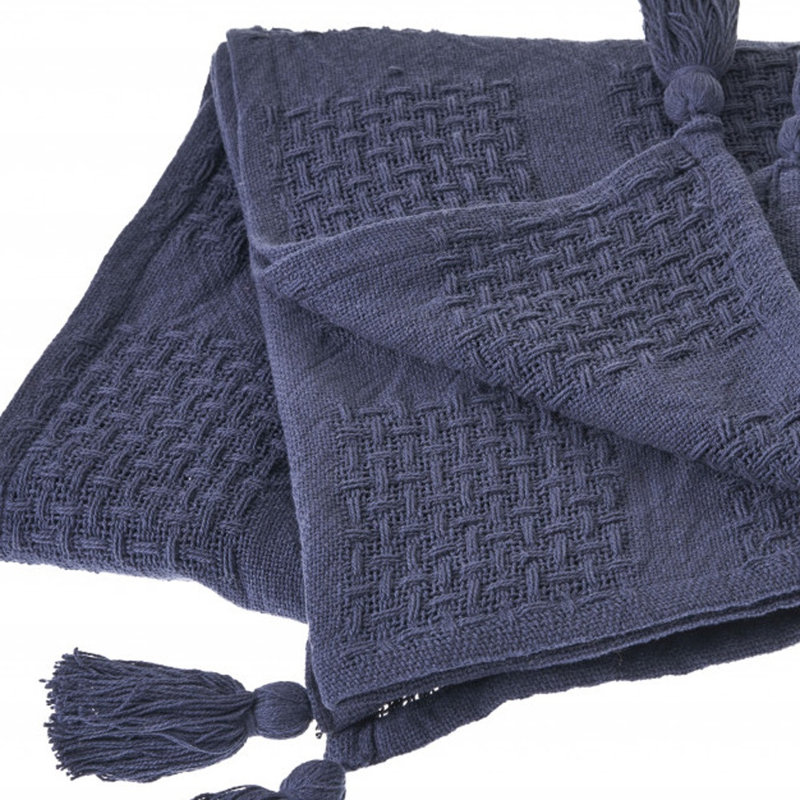 Jeté en coton tissé bleu marine 50 po x 60 po avec pampilles