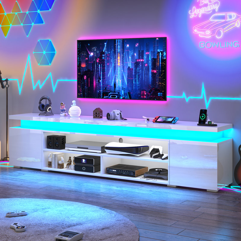 TV Stand/Media Console For Tvs With Power Outlets, USB Ports And LED Light Strips, 82.7" W, White