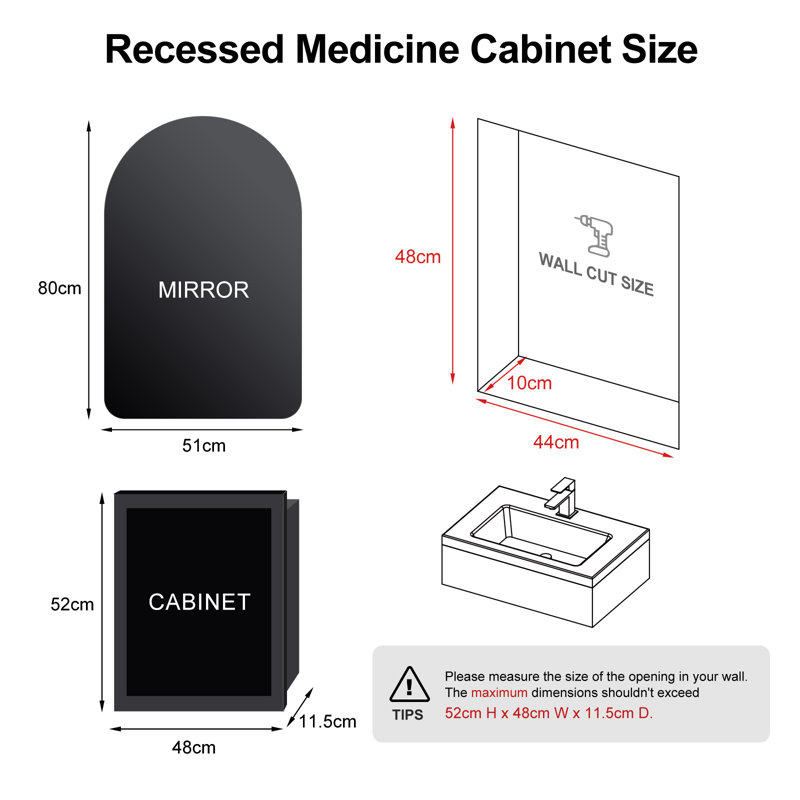 51mm W 80mm H Frameless Medicine Cabinet Mirror 3 Fixed, Matte Black